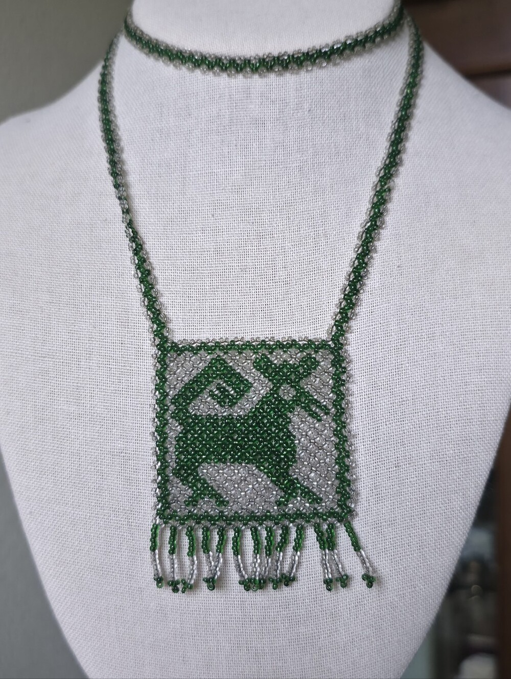Handmade Green Beaded Animal Pendant Necklace Boho Southwestern